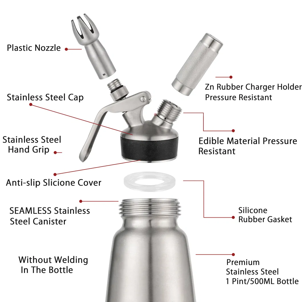 1000ml Cream Whipper with 4 Metal Nozzels 304 Stainless Steel Seamless Canister
