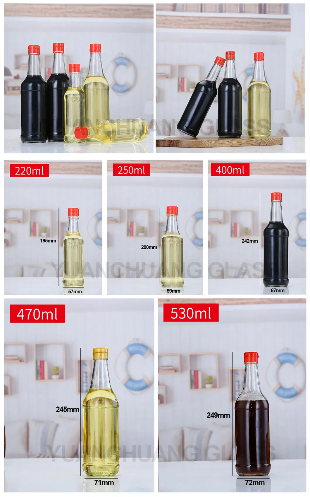 100ml 170ml 220ml 250ml 350ml 400ml 485ml Custom Kitchen Cooking Glass Oil and Vinegar Bottle