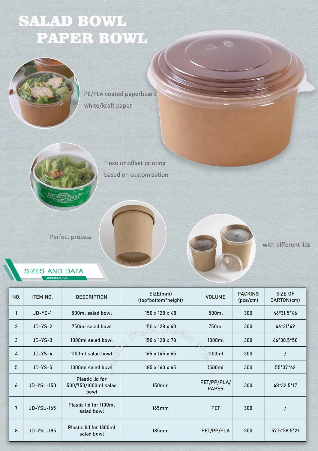 1100ml/1300ml Customized Logo Round Disposable Takeaway Carton Paper Bowl
