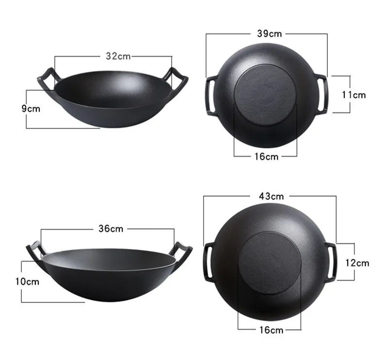 12.2 Inches Plant Oil Cast Iron Wok with Dual Handles, Black