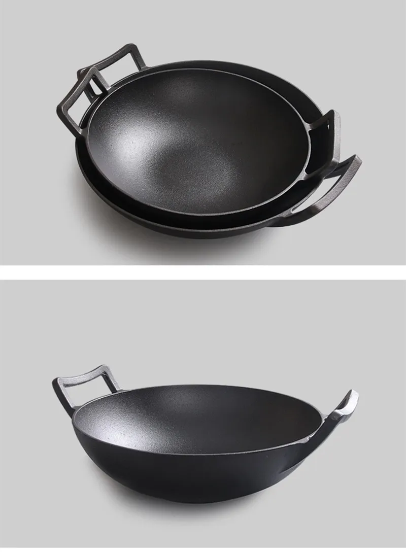 12.2 Inches Plant Oil Cast Iron Wok with Dual Handles, Black
