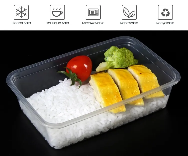 1250/1500/1750ml 40/50/58oz Black Color retangular Shape Disposable PP Plastic Food Packaging Containers with High Lids