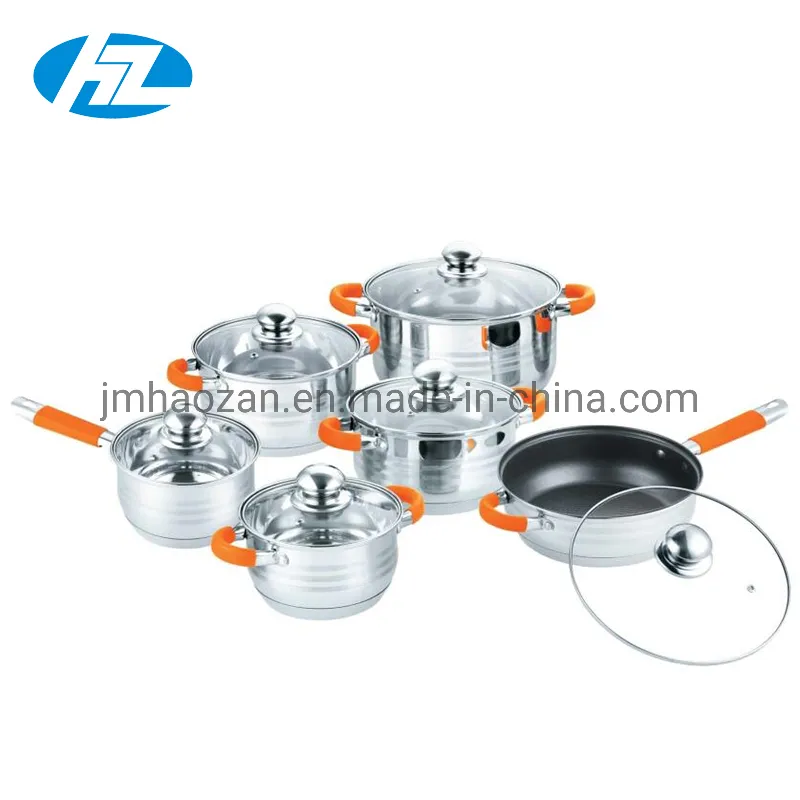 14PCS South America Ss Inox Cookware Set with 3.5L Whistling Kettle Silicone Handle Soft Touch