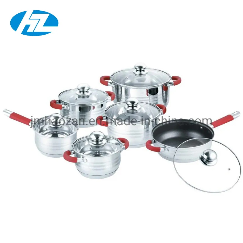 14PCS South America Ss Inox Cookware Set with 3.5L Whistling Kettle Silicone Handle Soft Touch
