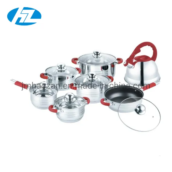 14PCS South America Ss Inox Cookware Set with 3.5L Whistling Kettle Silicone Handle Soft Touch