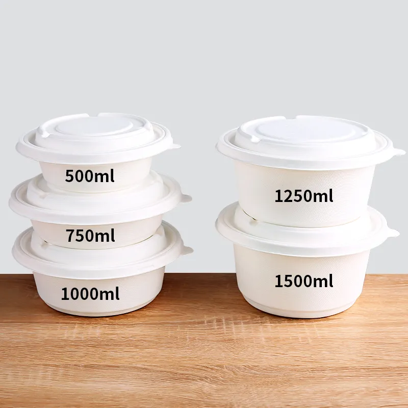 1500ml Biodegradable Bagasse Bowls with Lid for Soup Salad