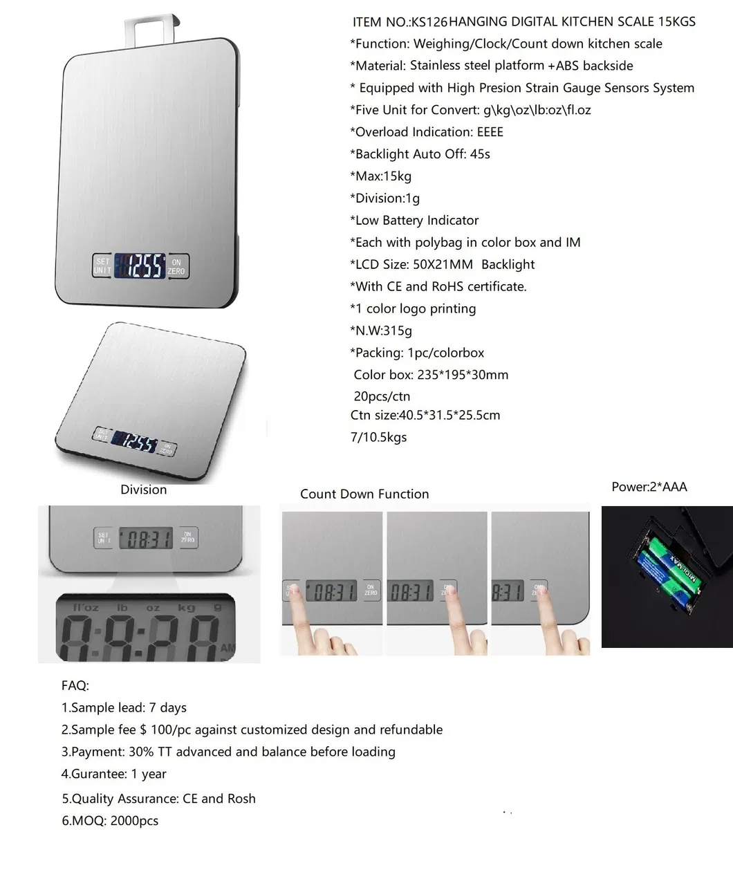15kgs Food Scale, Digital Kitchen Scale Countdown Function