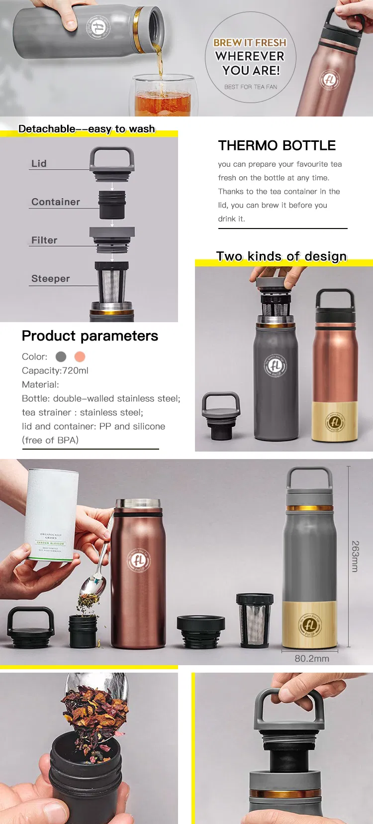 18/8ss Coffee Thermos Vacuum Flask Water Bottle FL720