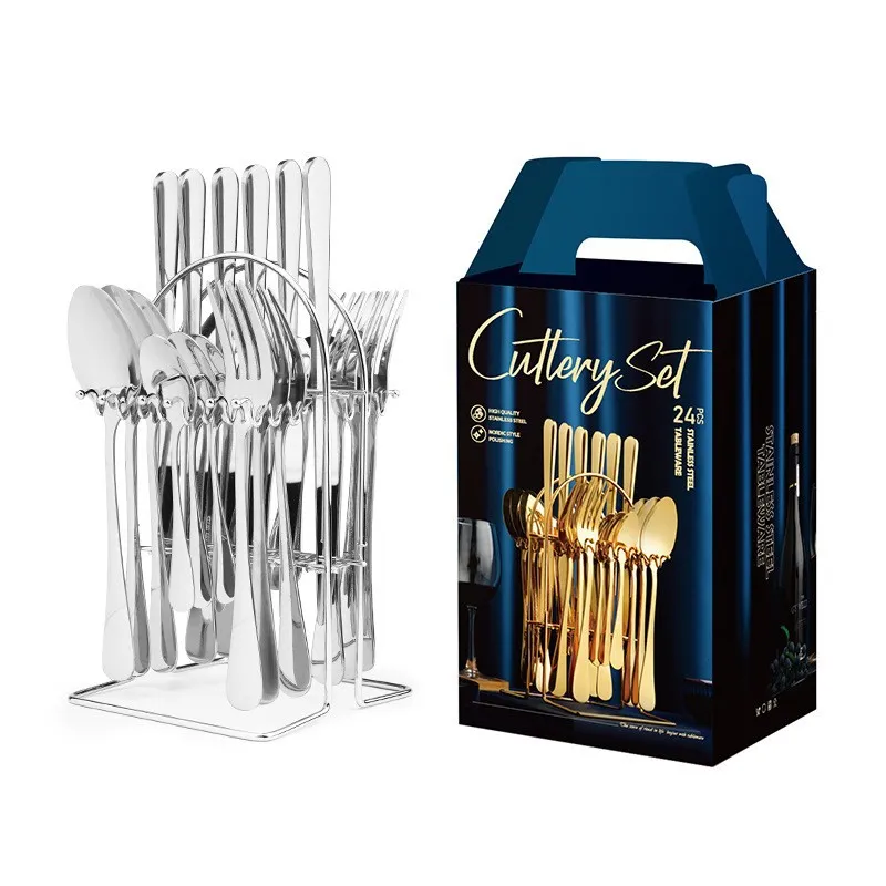 2021 New Arrivals Hanging Stainless Steel Cutlery Set 24PCS Flatware Set with Metal Rack