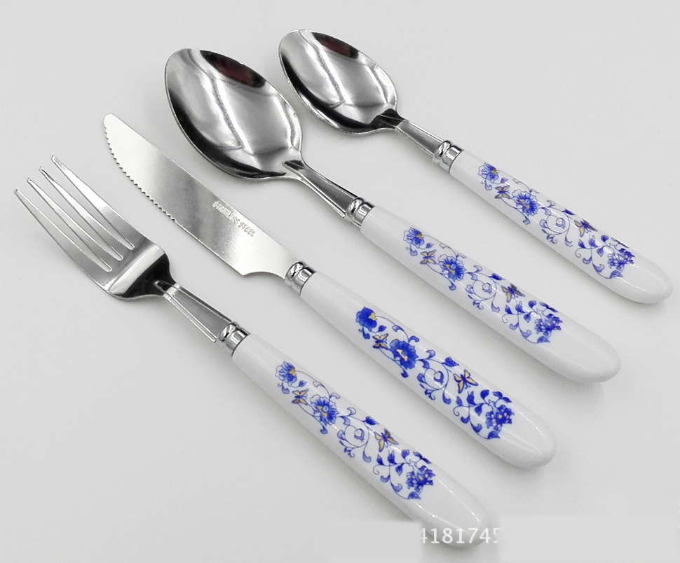 24 Pieces 18/0 Stainless Steel Cutlery with Printing Chinese Pattern PS Handle