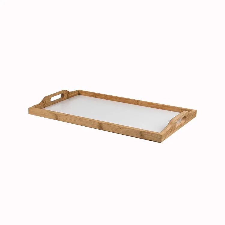 Bamboo Butler Serving Tray with Cut out Handles Breakfast Bed Plate Decorative Ottoman Tray with White MDF Base