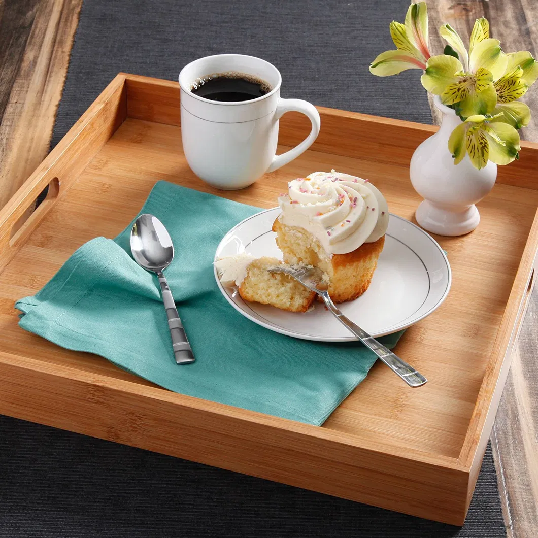 Bamboo Butler Serving Tray with Cut out Handles Breakfast Bed Plate Decorative Ottoman Tray with White MDF Base