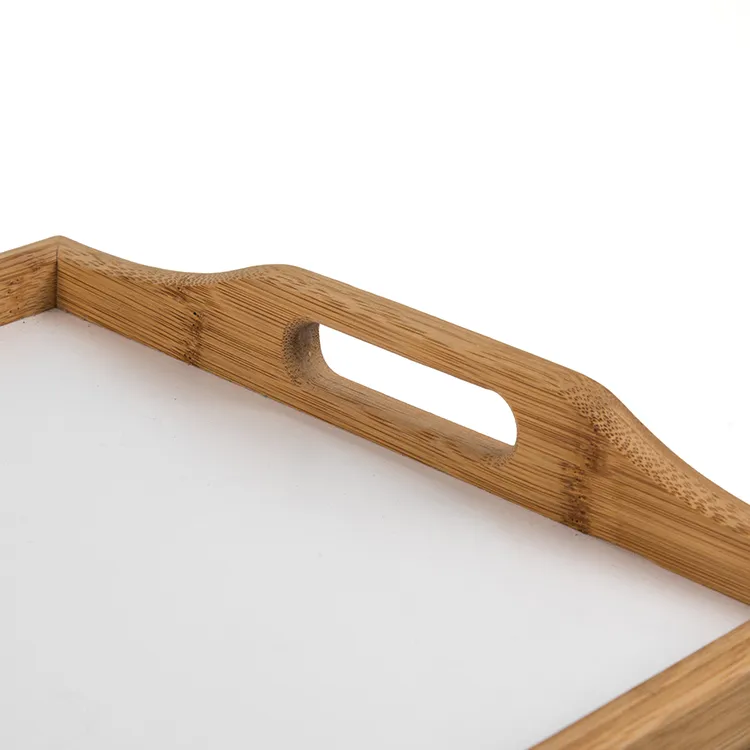 Bamboo Butler Serving Tray with Cut out Handles Breakfast Bed Plate Decorative Ottoman Tray with White MDF Base