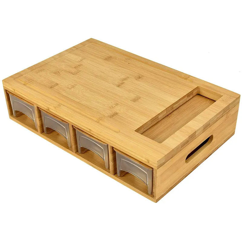 Bamboo Cutting Board Multi-Functional Chopping Board Comes with 4 Slicers and 4 Drawers with Trays and Lids