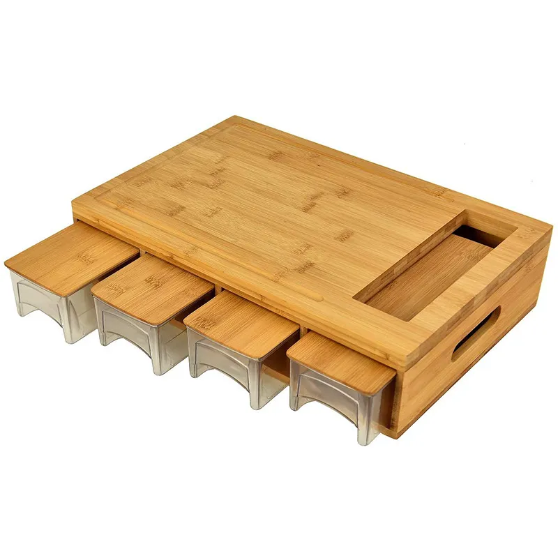 Bamboo Cutting Board Multi-Functional Chopping Board Comes with 4 Slicers and 4 Drawers with Trays and Lids