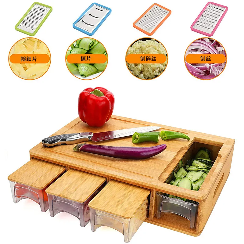 Bamboo Cutting Board Multi-Functional Chopping Board Comes with 4 Slicers and 4 Drawers with Trays and Lids