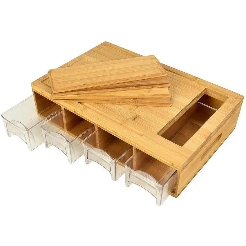 Bamboo Cutting Board Multi-Functional Chopping Board Comes with 4 Slicers and 4 Drawers with Trays and Lids