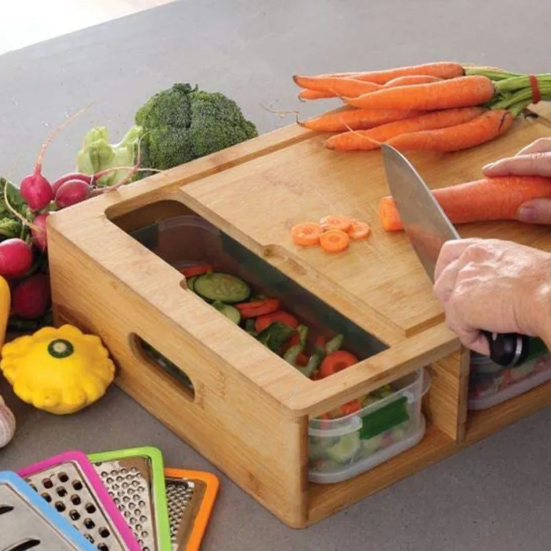 Bamboo Cutting Board Multi-Functional Chopping Board Comes with 4 Slicers and 4 Drawers with Trays and Lids