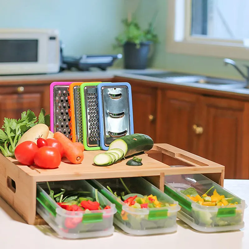Bamboo Cutting Board Multi-Functional Chopping Board Comes with 4 Slicers and 4 Drawers with Trays and Lids