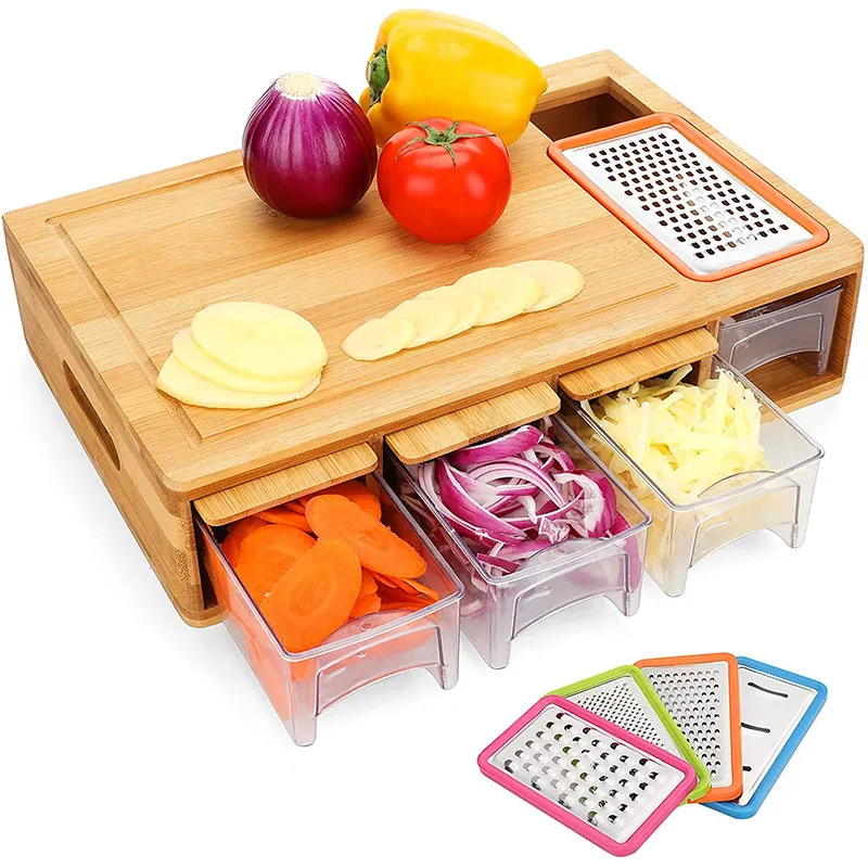 Bamboo Cutting Board Multi-Functional Chopping Board Comes with 4 Slicers and 4 Drawers with Trays and Lids