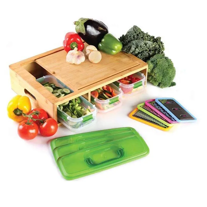 Bamboo Cutting Board Multi-Functional Chopping Board Comes with 4 Slicers and 4 Drawers with Trays and Lids
