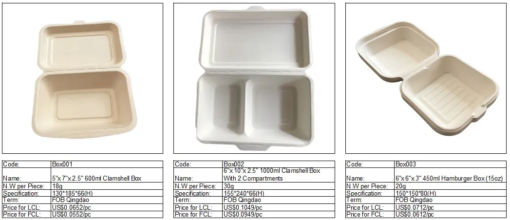 Biodegradable Disposable 850ml Two Compartments Carryout Food Box with Lid