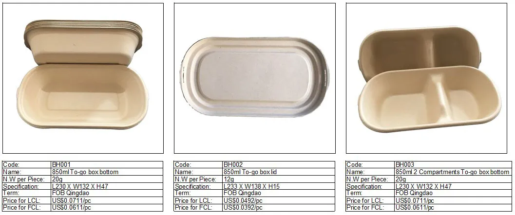 Biodegradable Disposable 850ml Two Compartments Carryout Food Box with Lid