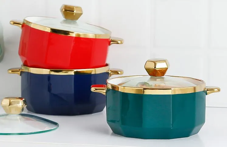 Ceramic Double Ear Bowl Instant Noodle Bowl Luxury Soup Bowl Stew Bowl Salad Bowl