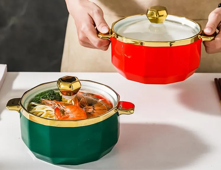 Ceramic Double Ear Bowl Instant Noodle Bowl Luxury Soup Bowl Stew Bowl Salad Bowl