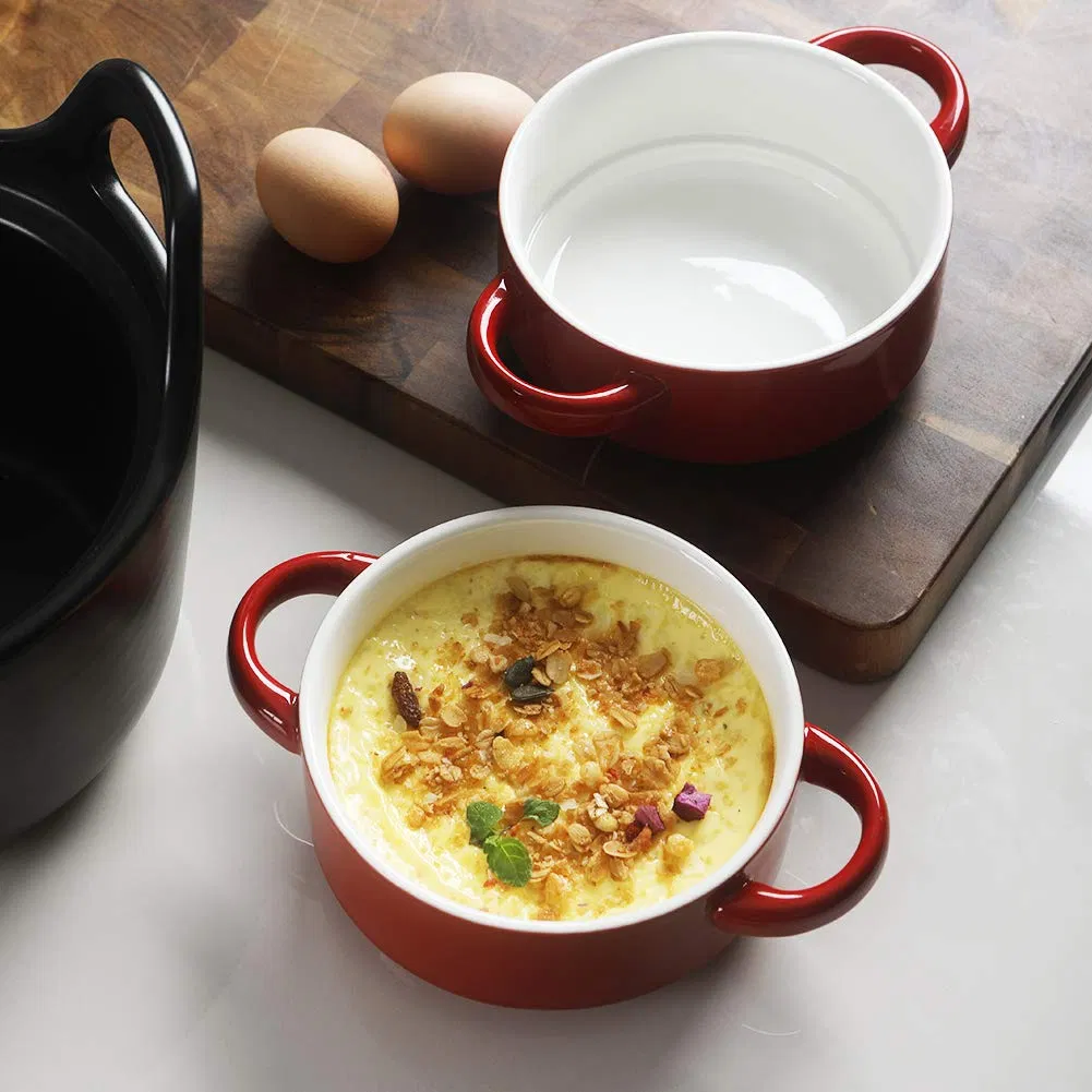 Ceramic Soup Bowl with Double Handles, 20 Oz Stacked Bowls for French Onion Soup, Cereal, Pot Pies, Stew, Chill, Pasta, Set of 4 (Red)
