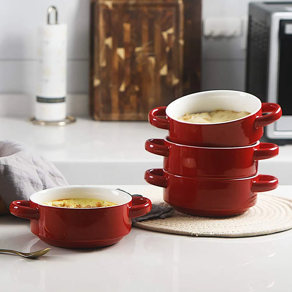 Ceramic Soup Bowl with Double Handles, 20 Oz Stacked Bowls for French Onion Soup, Cereal, Pot Pies, Stew, Chill, Pasta, Set of 4 (Red)