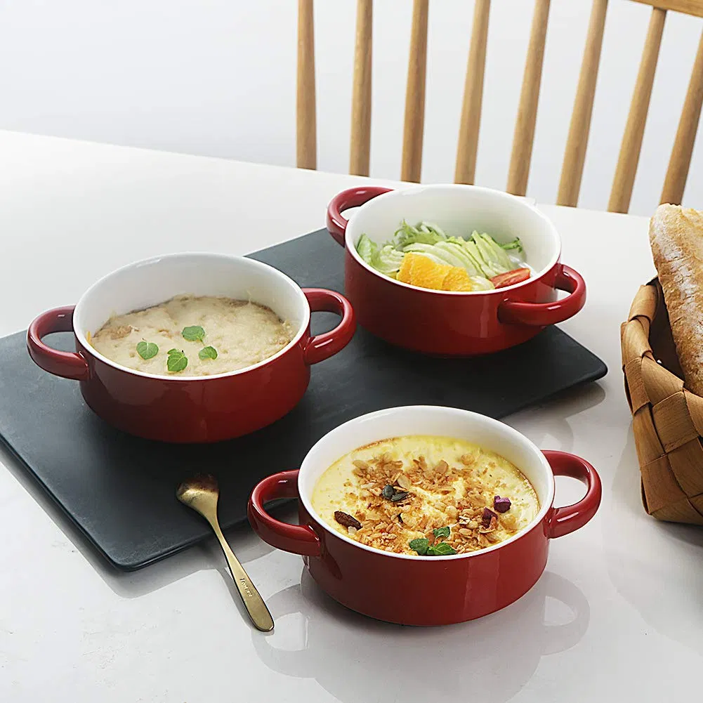 Ceramic Soup Bowl with Double Handles, 20 Oz Stacked Bowls for French Onion Soup, Cereal, Pot Pies, Stew, Chill, Pasta, Set of 4 (Red)