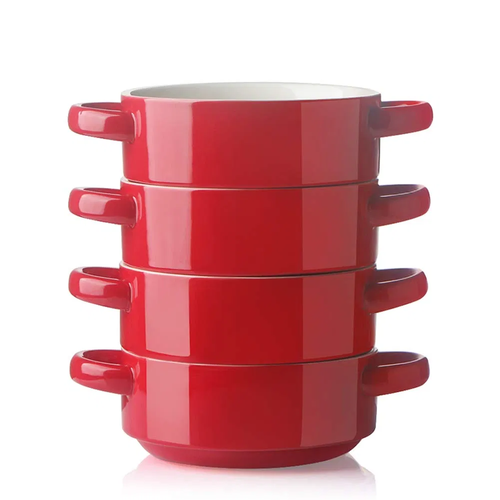Ceramic Soup Bowl with Double Handles, 20 Oz Stacked Bowls for French Onion Soup, Cereal, Pot Pies, Stew, Chill, Pasta, Set of 4 (Red)