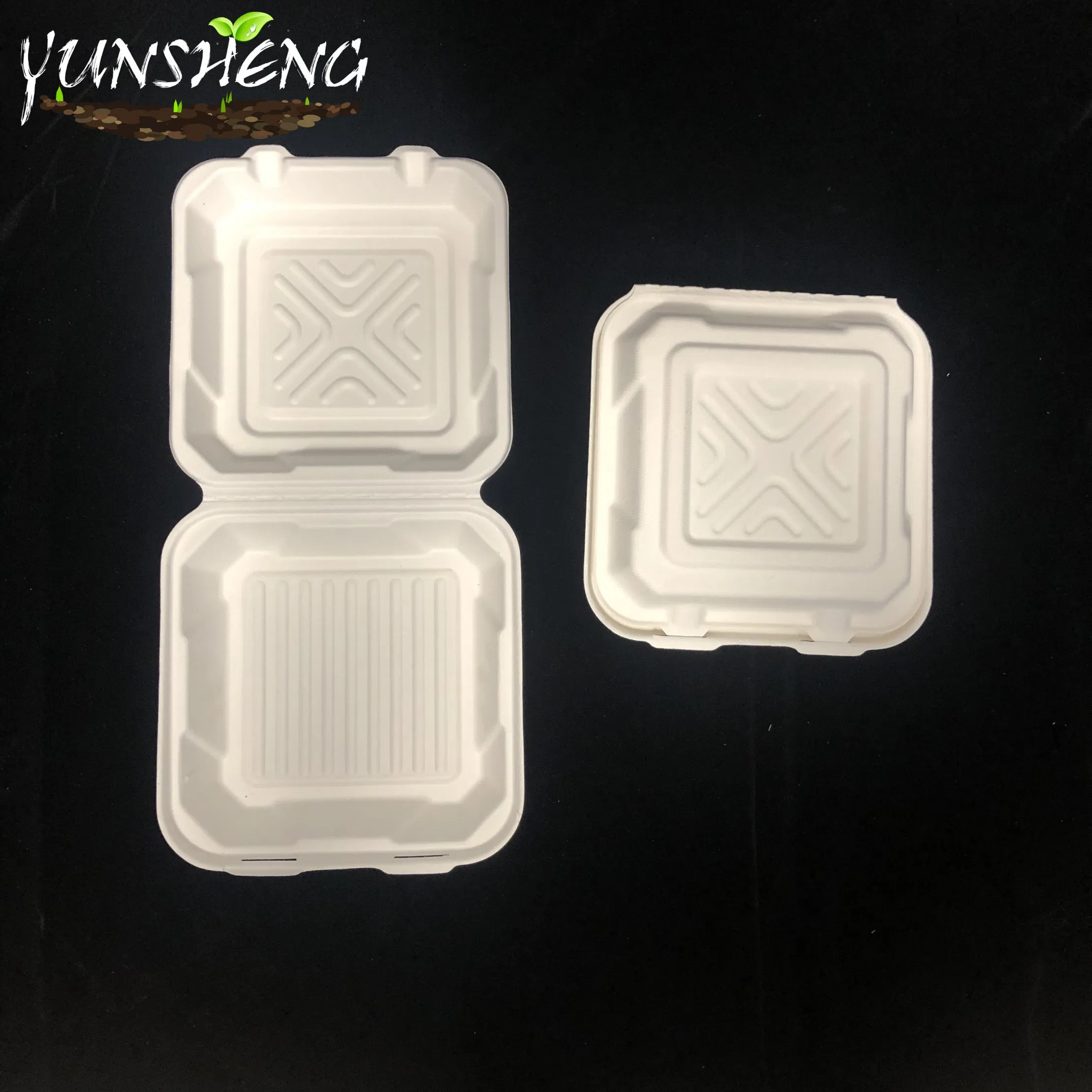 Customized Disposable Bamboo or Bagasse Pulp Paper Clamshell Box for Dinner/White or Light Brown Compostable Square Box for Hamburger or Fries for Party