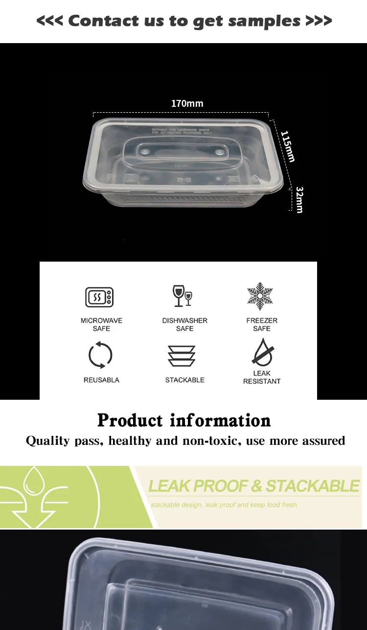 Disposable Clear BPA Free PP Plastic Food Container Bento Lunch Box with Leakproof Lid