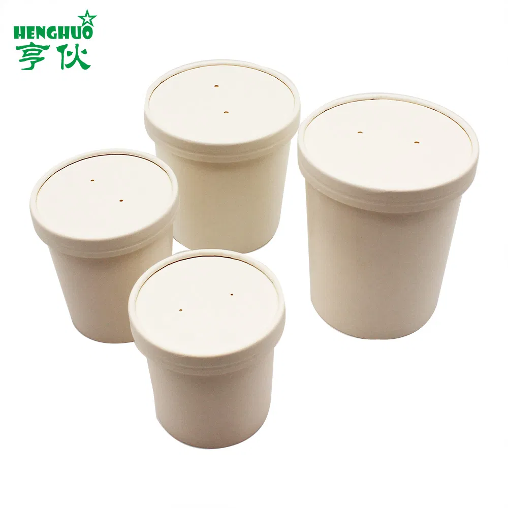 Disposable Food Container Brown Kraft Paper Soup Bowl with Lid Ice Cream Bowl
