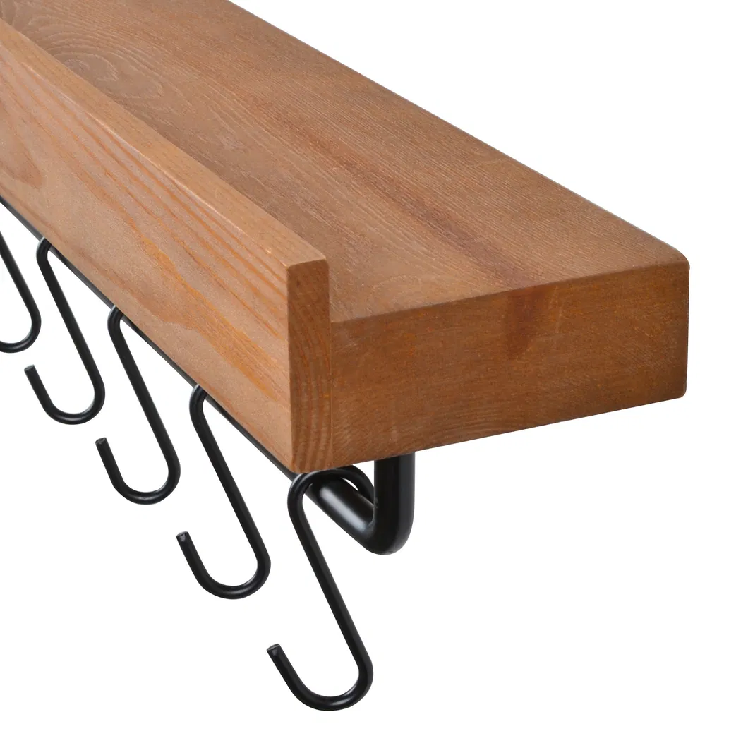 Floating Wooden Shelf for Storage Kitchen Spice Rack with 5 Hooks
