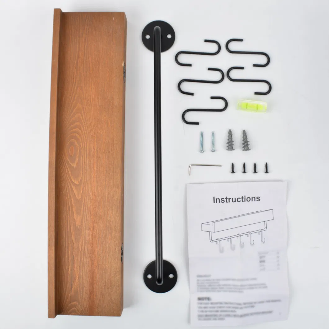 Floating Wooden Shelf for Storage Kitchen Spice Rack with 5 Hooks