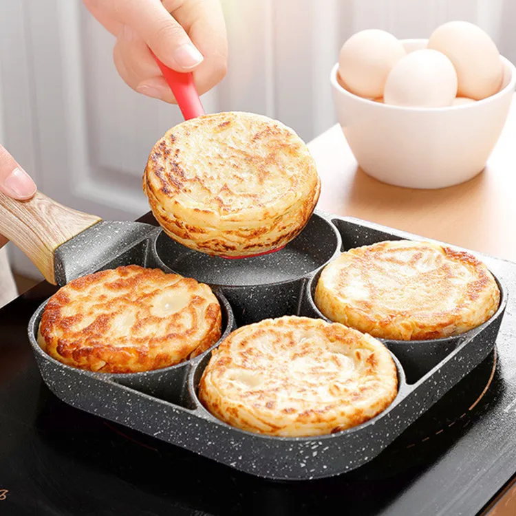 Four Hole Egg Frying Pan Flat Bottom Non Stick Steak Pan Breakfast Egg Hamburger Frying Pan Kitchen Supplies Small Pot