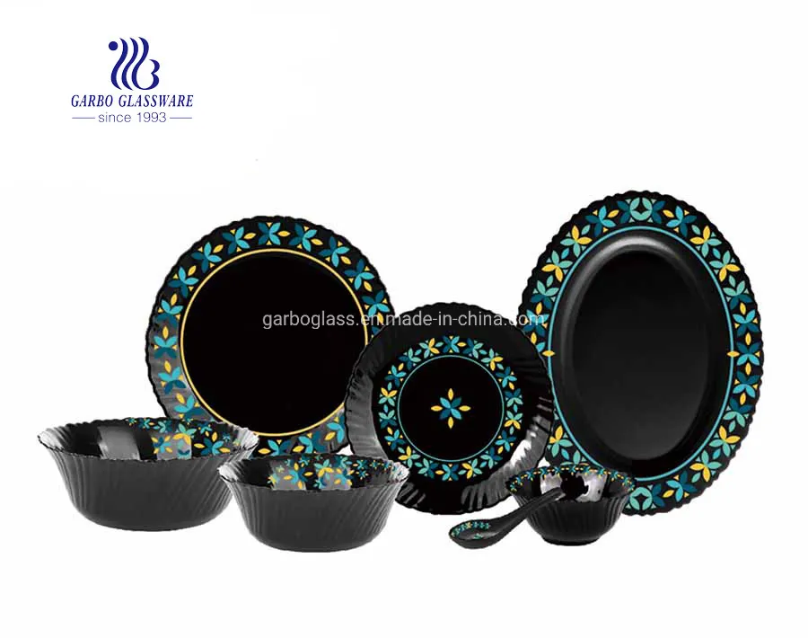 Latest India Style Black Opalware Glass Dinner Set of 33PCS with Popular Multi Print Design Wholesale Dinnerware Set