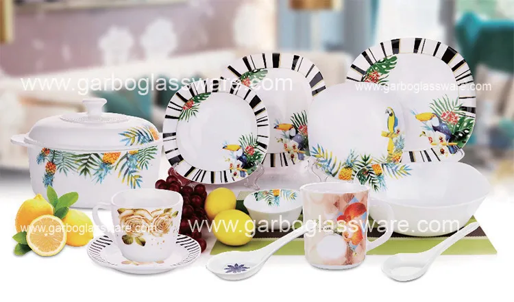 Latest India Style Black Opalware Glass Dinner Set of 33PCS with Popular Multi Print Design Wholesale Dinnerware Set