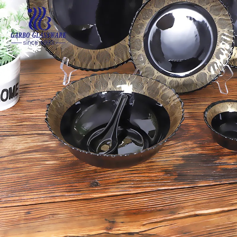 Manufacturer 33PCS Opal Glass Dinner Set Black Color with Luxury Golden Decals Home Hotel Use Dinner Plate Side Plate Oval Plate Salad Dessert Bowl