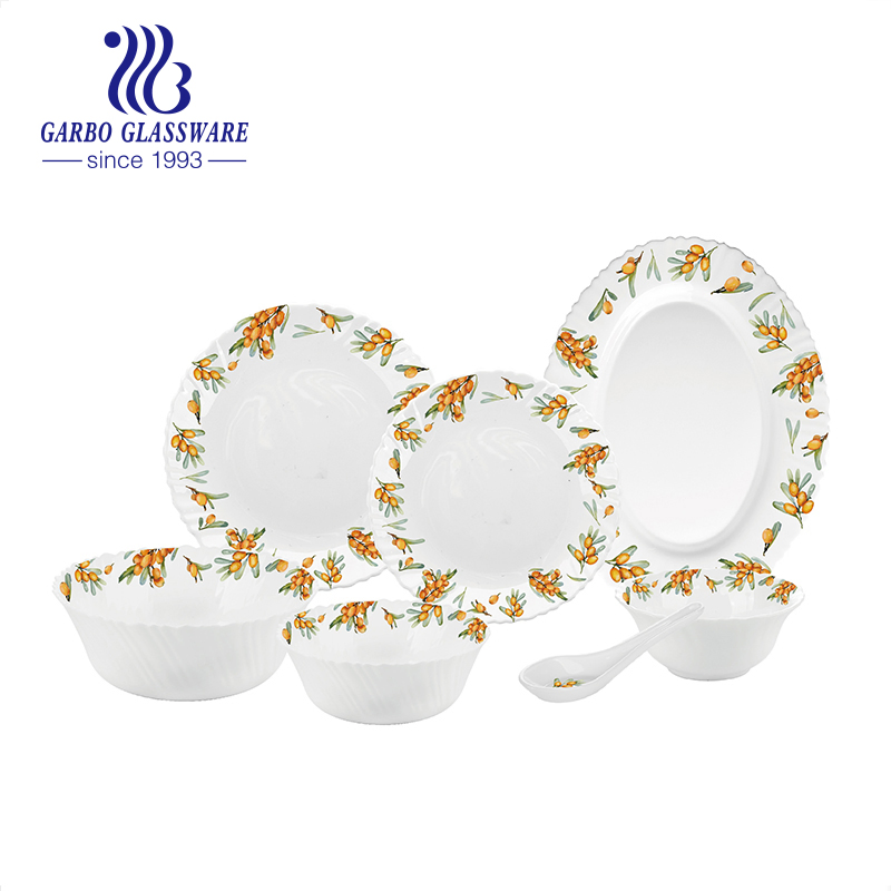 Newly Flower Decal Design 33PCS White Opal Glassware Dinnerware Dinner Set for Family Use