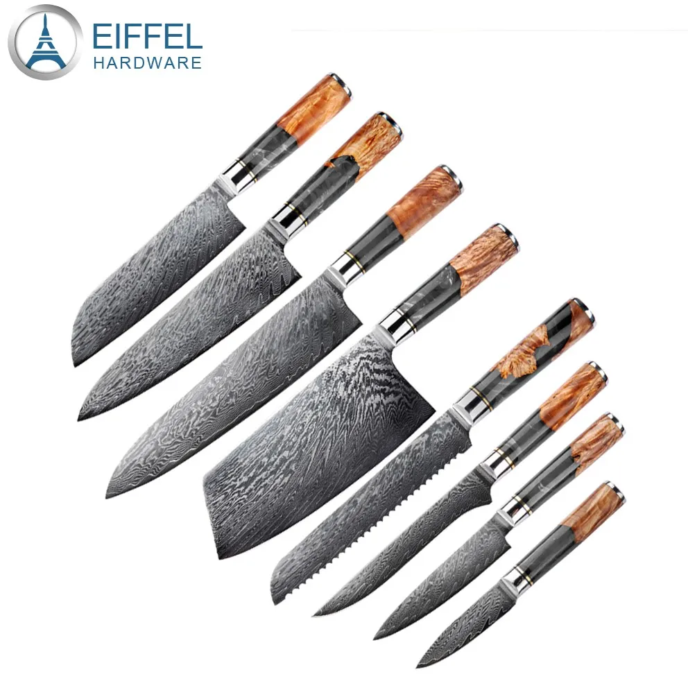OEM 67 Layer Vg10 Damascus Steel Kitchen Knife Set Damascus Knife Set with Wood&Resin Integrated Handle