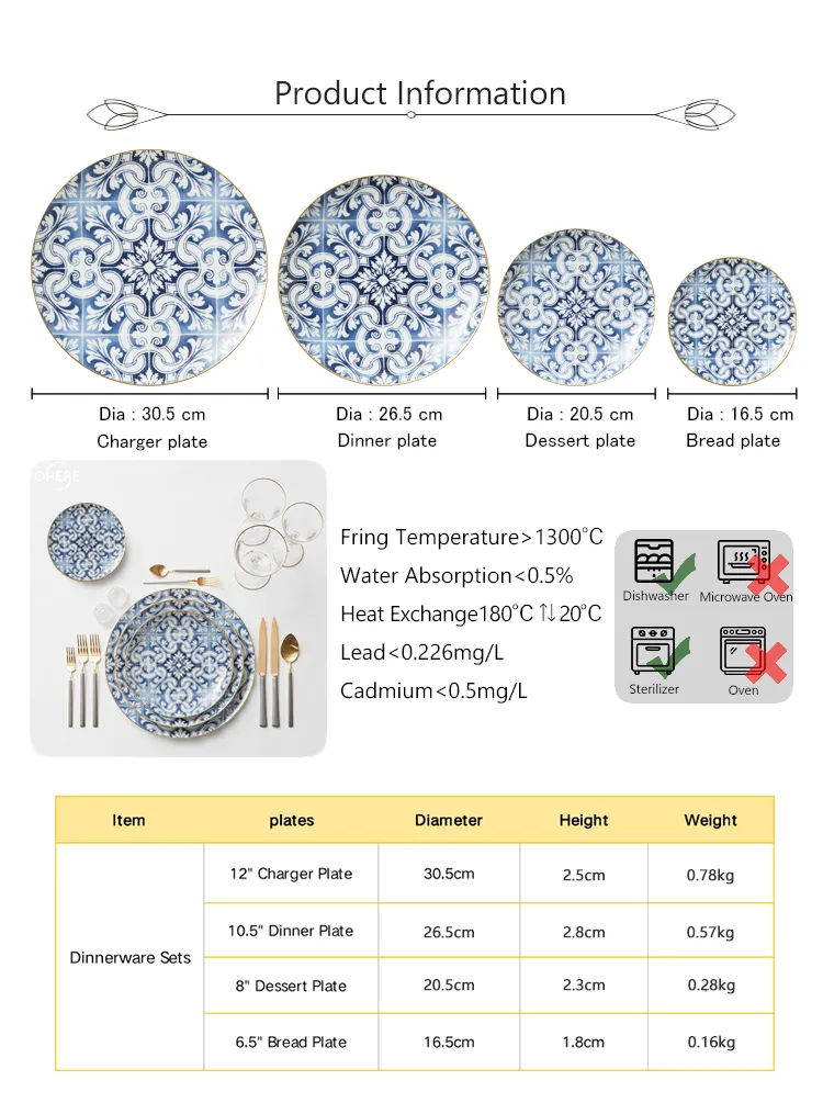 Ohere Ceramic Tableware Porcelain Plate 10.5-Inch Round Dinner Plate