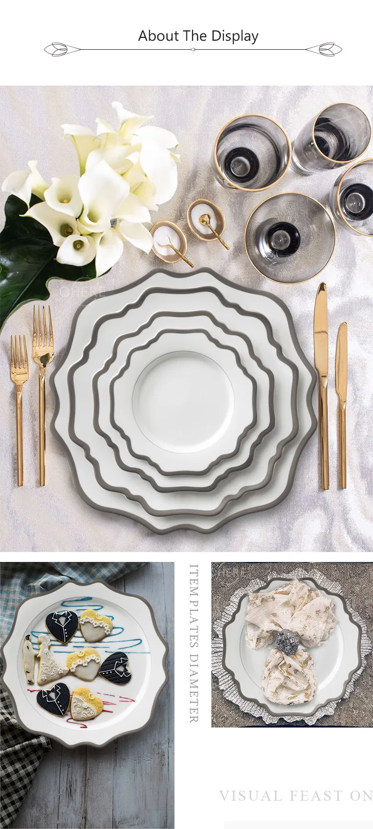 Ohere White Sunflower Ceramic Charger Plate Sliver Rim Porcelain Dinner Plate Wedding 4PCS Dinner Set