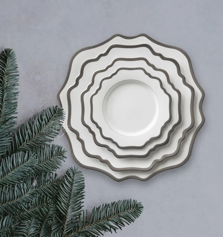 Ohere White Sunflower Ceramic Charger Plate Sliver Rim Porcelain Dinner Plate Wedding 4PCS Dinner Set