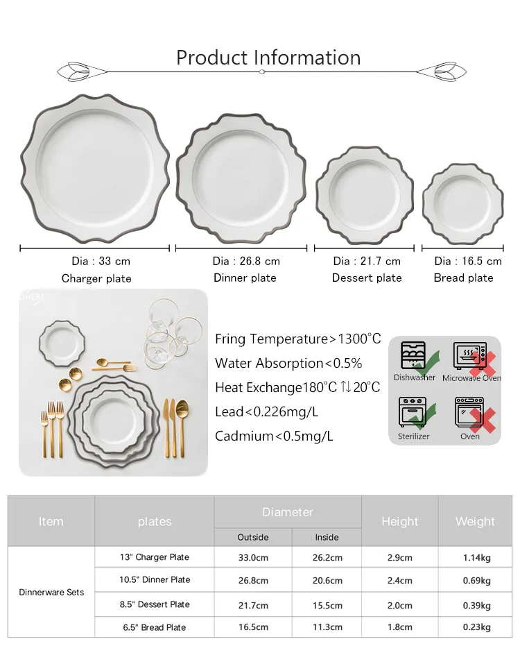 Ohere White Sunflower Ceramic Charger Plate Sliver Rim Porcelain Dinner Plate Wedding 4PCS Dinner Set