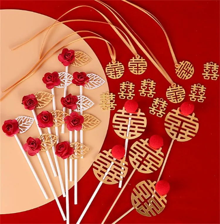 Red Double Wedding Dessert Table Decoration Card Cake Insert