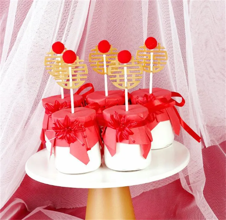 Red Double Wedding Dessert Table Decoration Card Cake Insert
